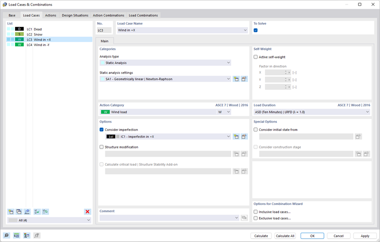 Dialog Box "Load Cases and Combinations", Tab "Load Cases"