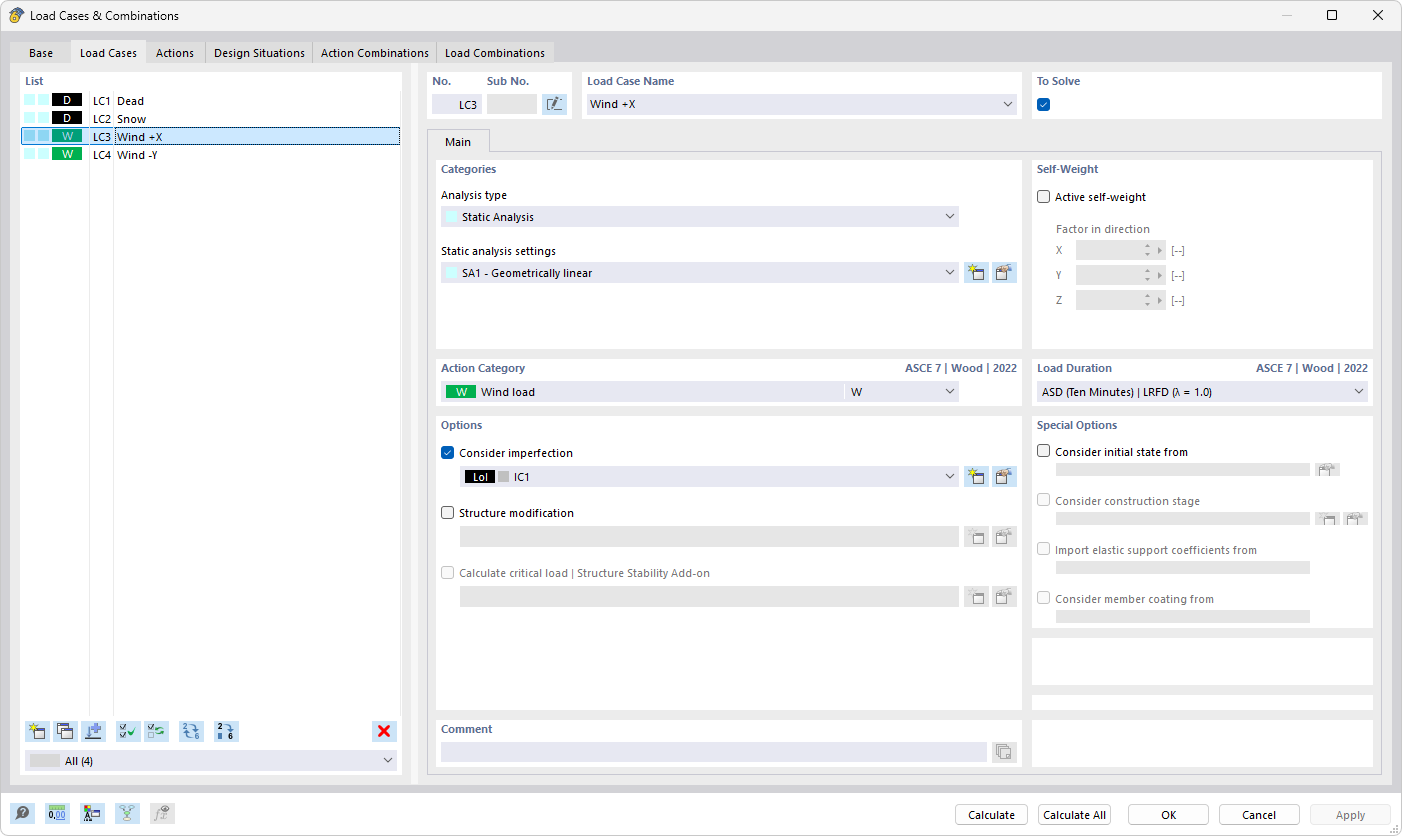 Dialog box "Load Cases and Combinations", tab "Load Cases"
