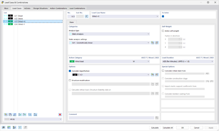 Dialog box 'Load cases and combinations', tab 'Load cases'