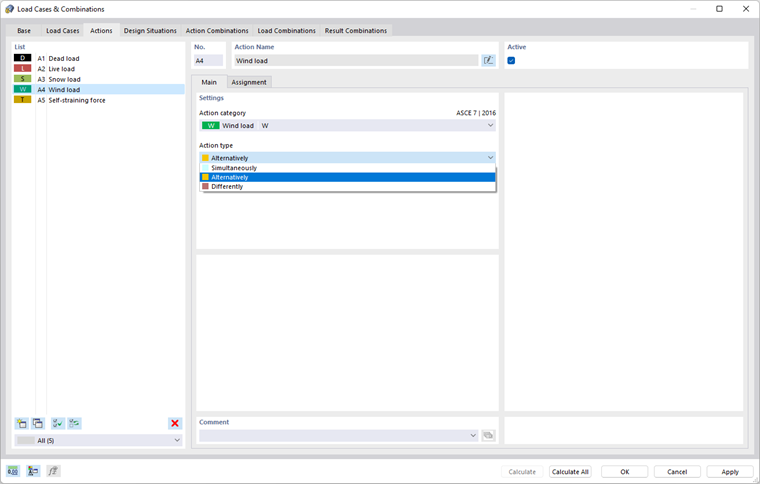 Tab "Actions" in Dialog Box "Load Cases and Combinations"
