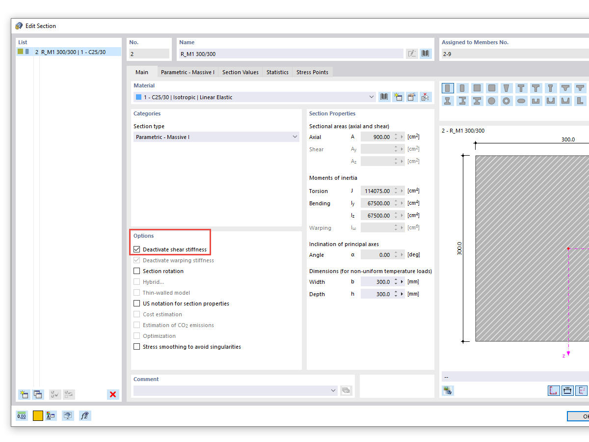 FAQ 005073 | How can I deactivate the consideration of shear stiffness in the calculation for the cross-section?