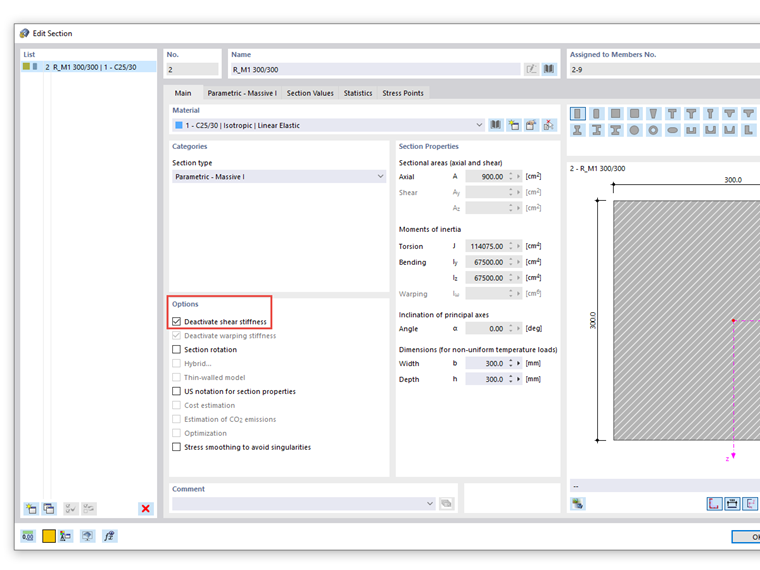 FAQ 005073 | How can I deactivate the consideration of shear stiffness in the calculation for the cross-section?