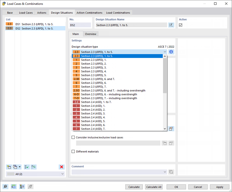 Dialog Box "Load Cases and Combinations", Tab "Design Situations"