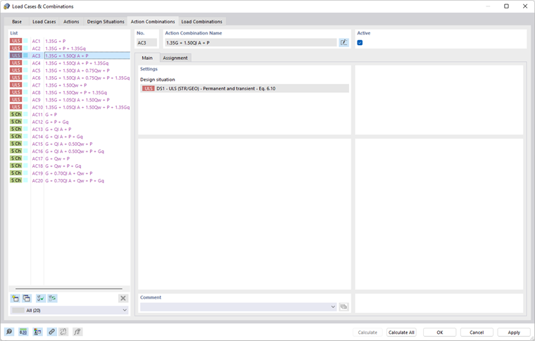 Tab "Action Combinations" in Dialog Box "Load Cases and Combinations"