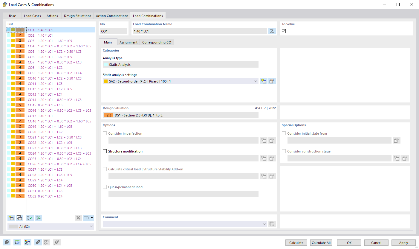 Dialog Box “Load Cases & Combinations”, Tab “Load Combinations”