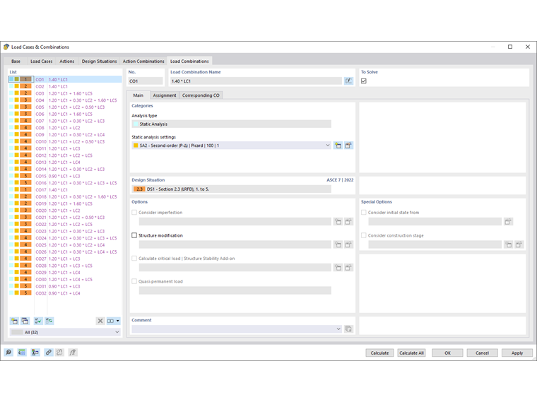 Dialog Box “Load Cases & Combinations”, Tab “Load Combinations”