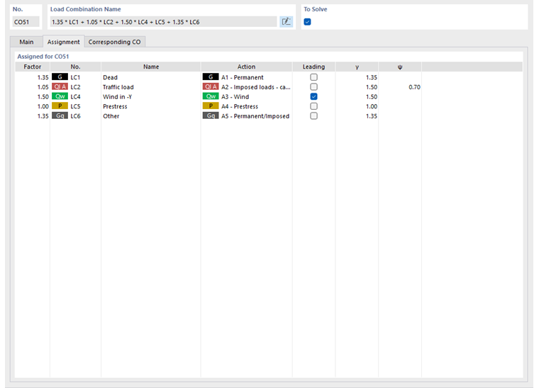 Assigning load cases to a load combination