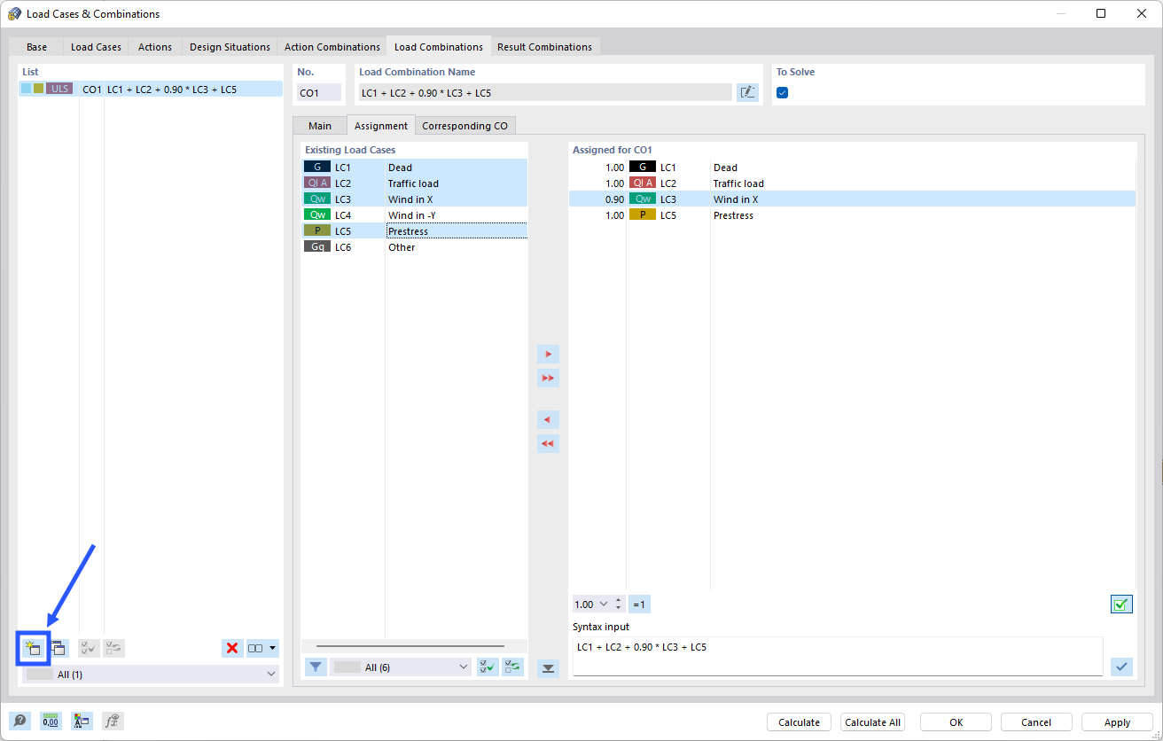 Defining a load combination manually