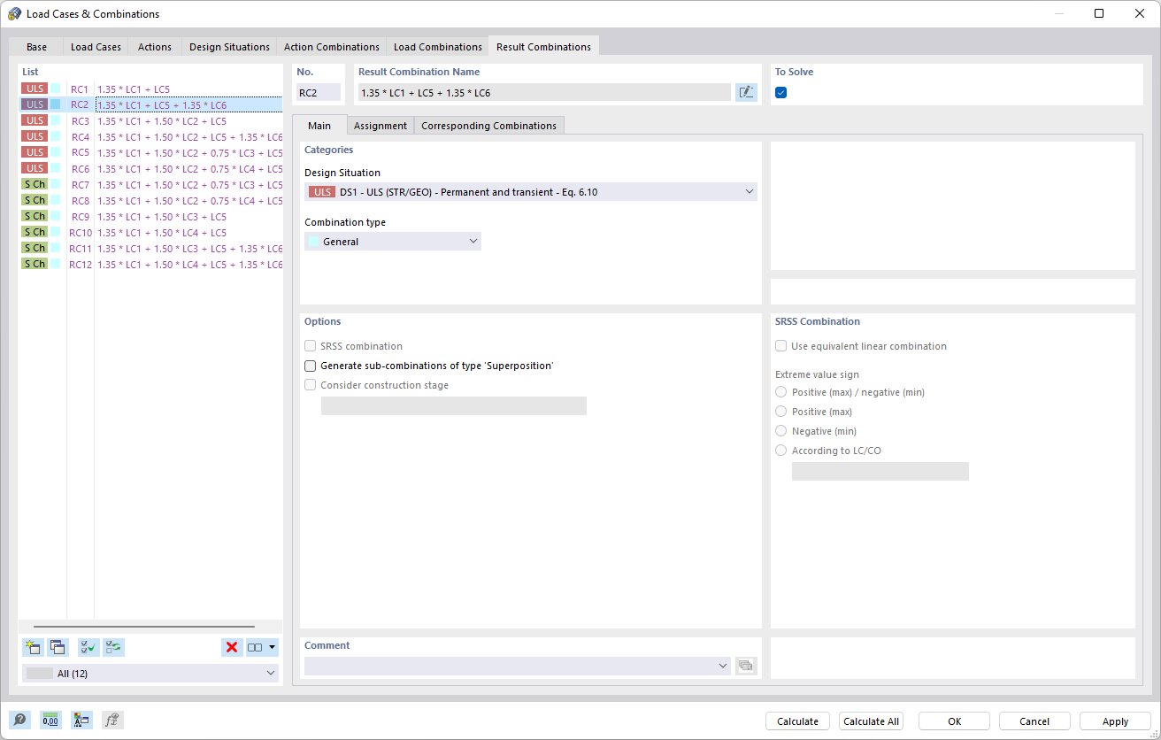Dialog Box "Load Cases and Combinations", Tab "Result Combinations"