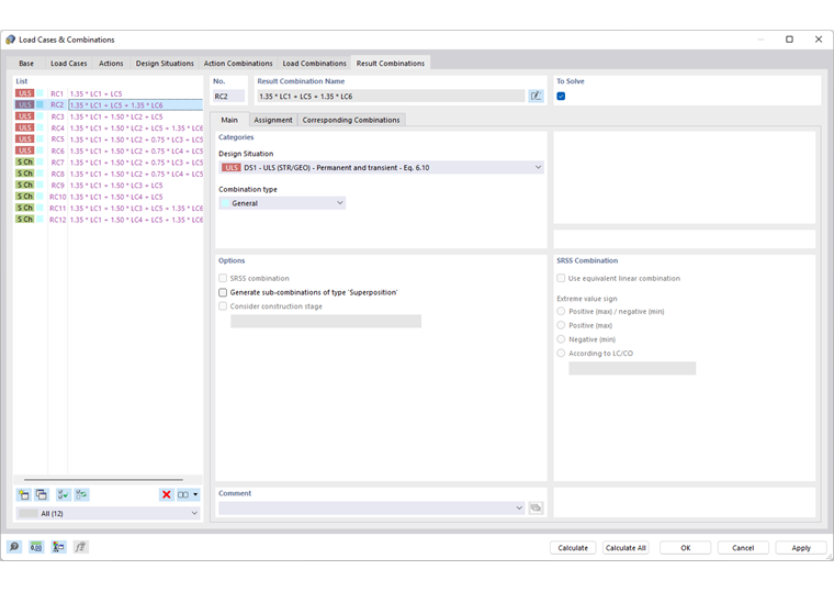 Dialog Box "Load Cases and Combinations", Tab "Result Combinations"