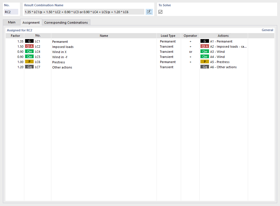 Assigning load cases to a result combination