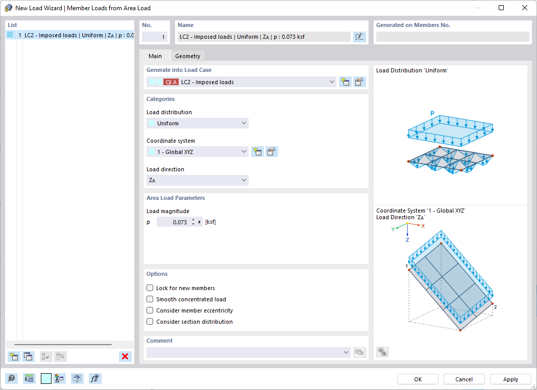 Dialog Box "New Load Wizard | Member Loads from Area Load"