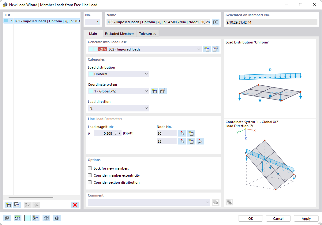 Dialog Box "New Load Wizard | Member Loads from Free Line Load"