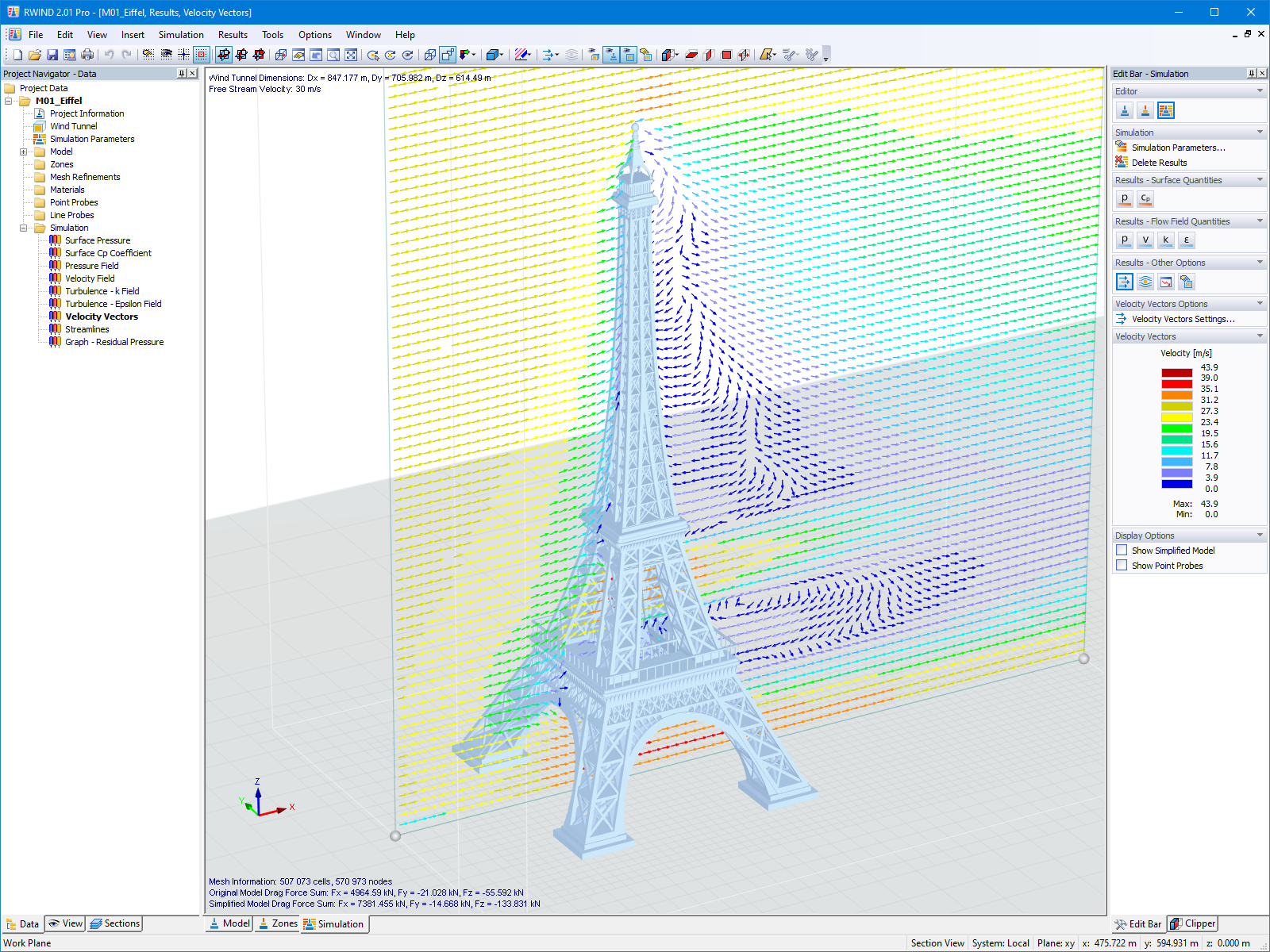 Velocity Vectors of Wind Flows on Model of Eiffel Tower in RWIND