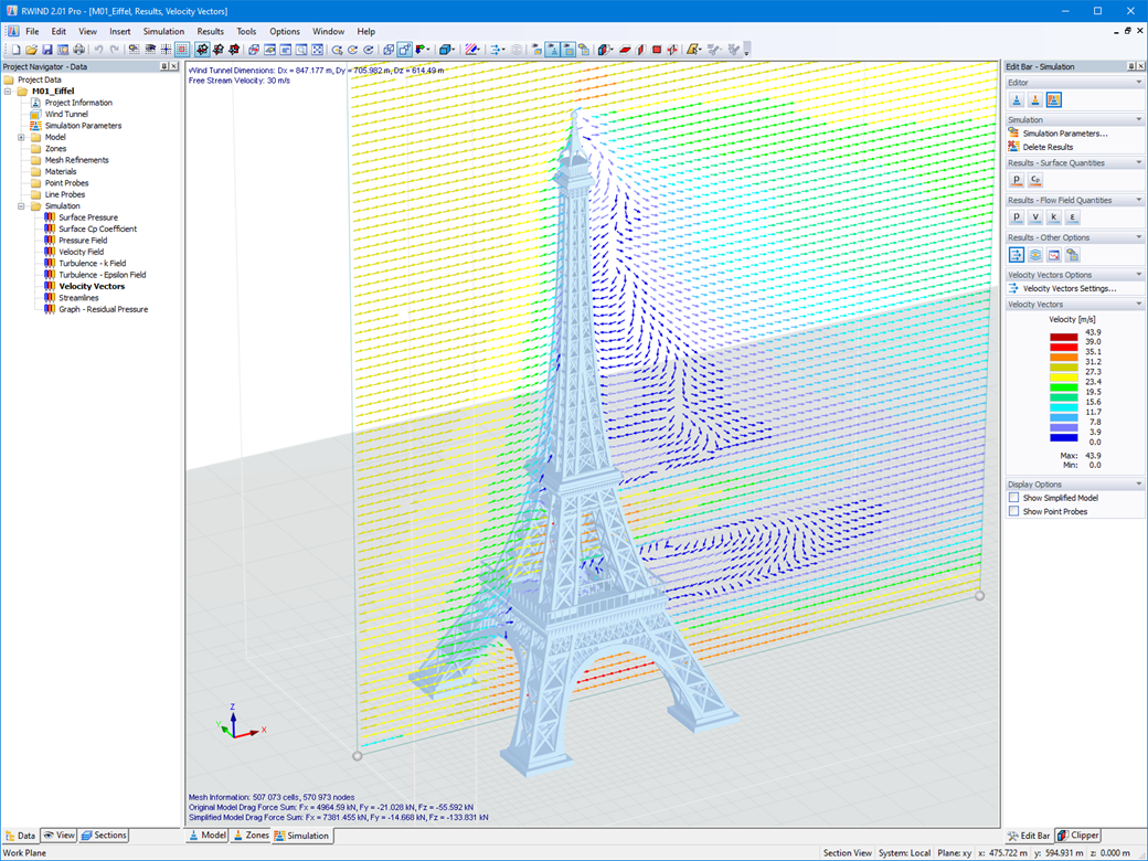 Velocity Vectors of Wind Flows on Model of Eiffel Tower in RWIND