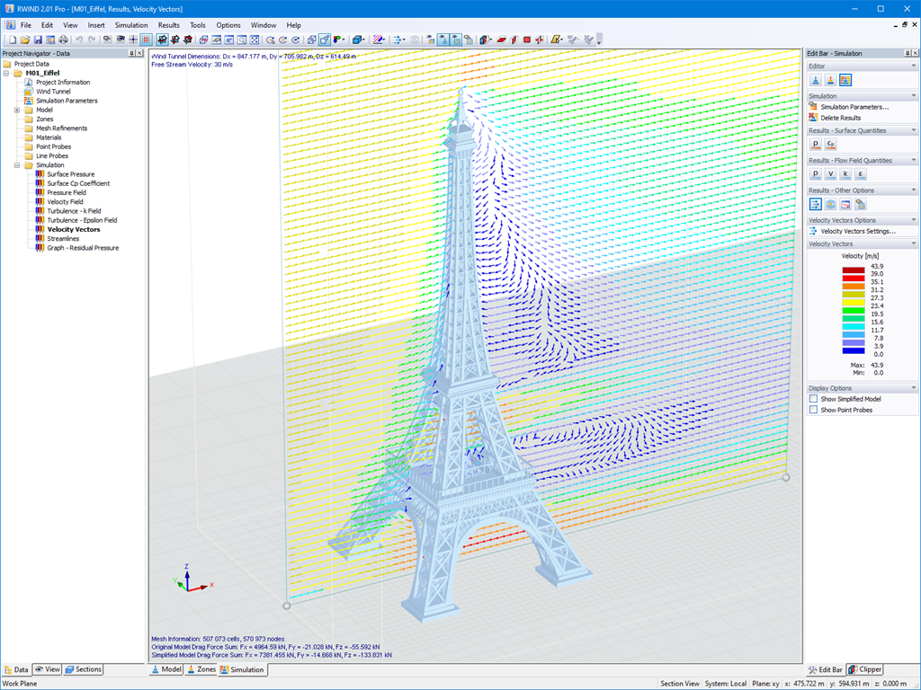 Velocity Vectors of Wind Flows on Model of Eiffel Tower in RWIND