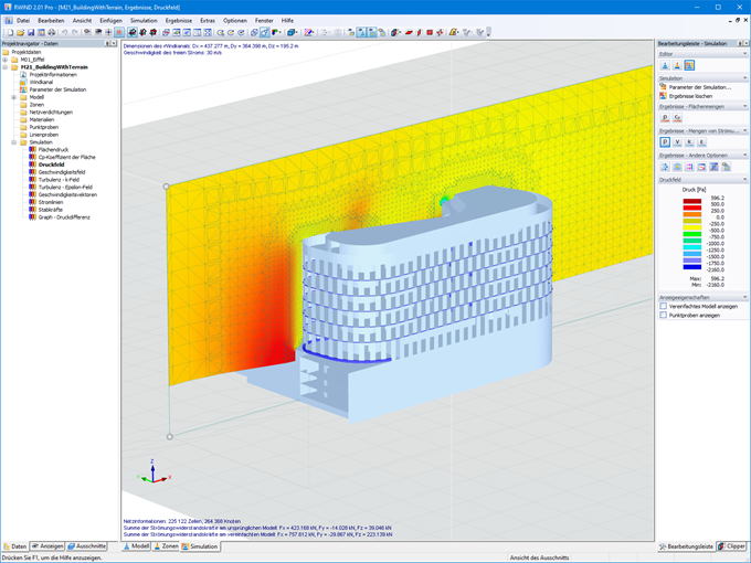 Pressure field in sectional view | Visualization of pressure distribution with RWIND on a building