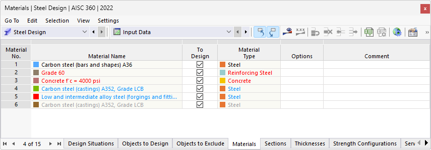 Table "Materials" for Steel Design with Colored Display of Entries