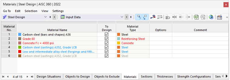 Table "Materials" for Steel Design with Colored Display of Entries