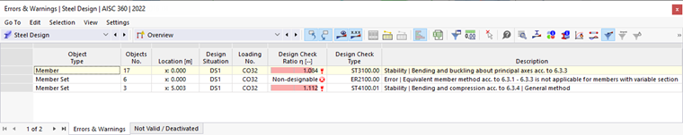 Result Table for Errors & Warnings in Steel Design