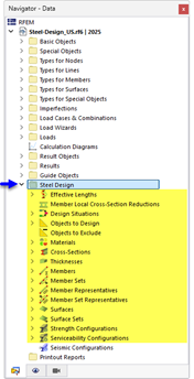 Category "Steel Design" in Navigator – Data