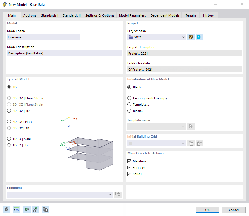 Tab "Main" in Dialog Box "New Model – Base Data"