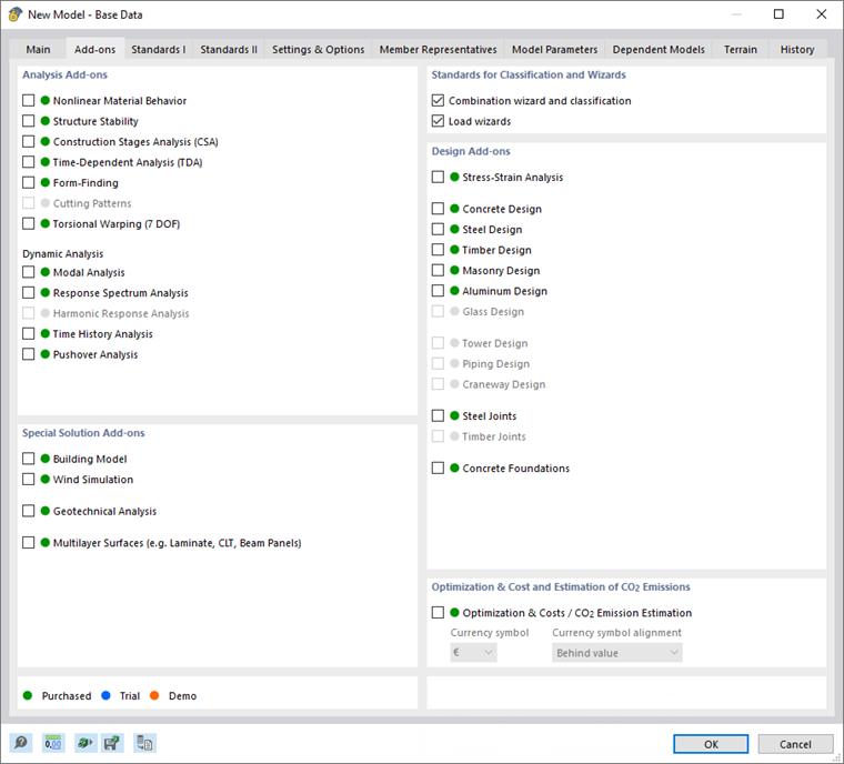Dialog box "New Model – Base Data", Tab "Add-ons"