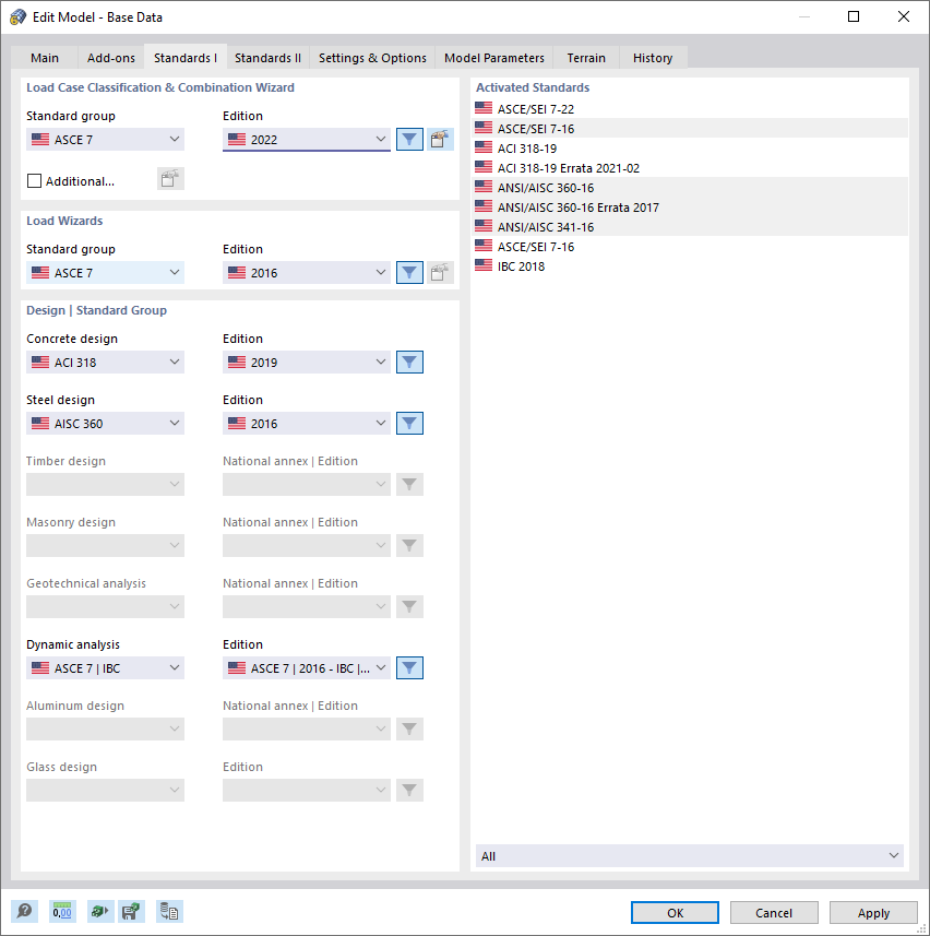 Dialog Box "New Model – Base Data", Tab "Standards I"