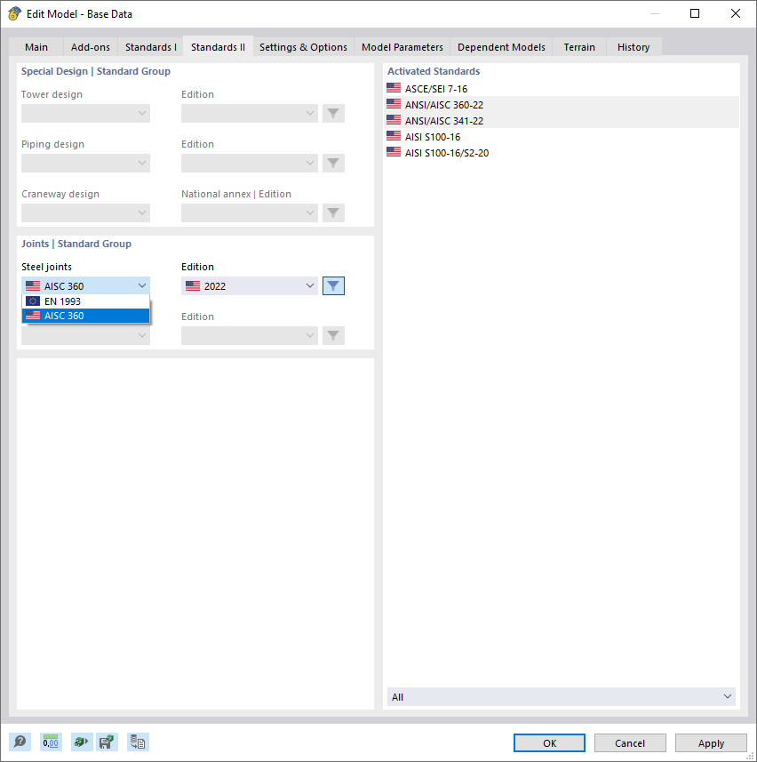 Dialog Box "New Model – Base Data", Tab "Standards II"
