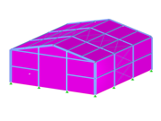 Detailed view of a complex steel hall structure with fasteners