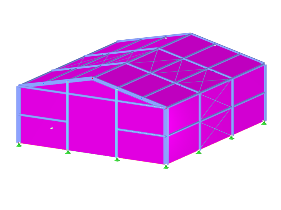 Detailed view of a complex steel hall structure with fasteners