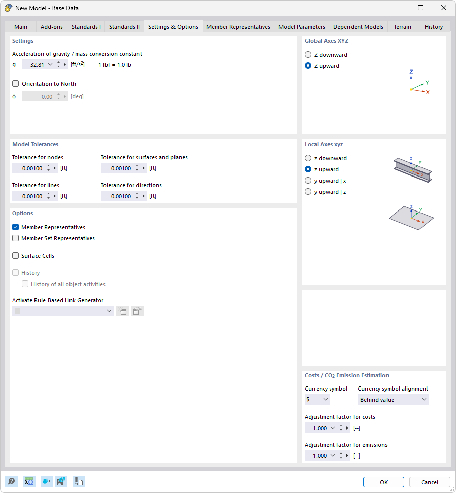 Dialog Box "New Model – Base Data", Tab "Settings and Options"