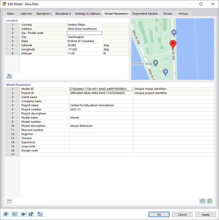 Dialog Box "New Model – Base Data", Tab "Model Parameters"