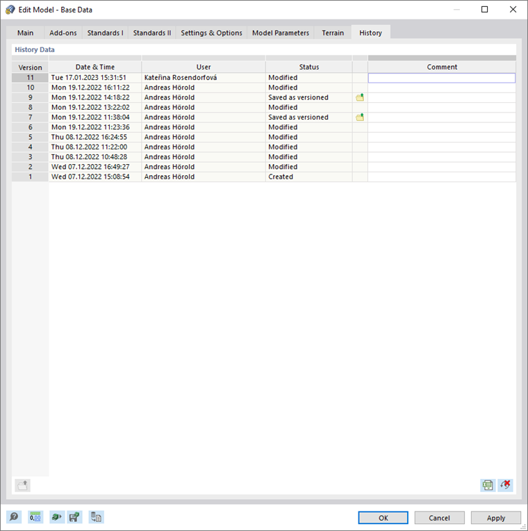 Dialog Box "Edit Model – Base Data", Tab "History"