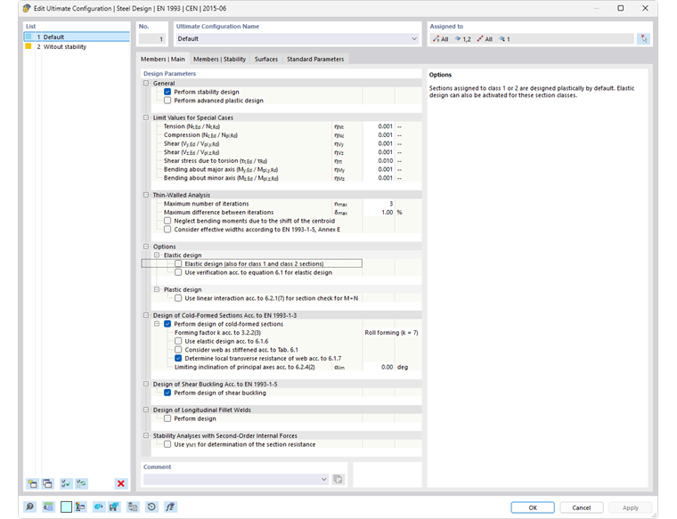 Dialog Box "Edit Ultimate Configuration" for Steel  Design According to EN 1993