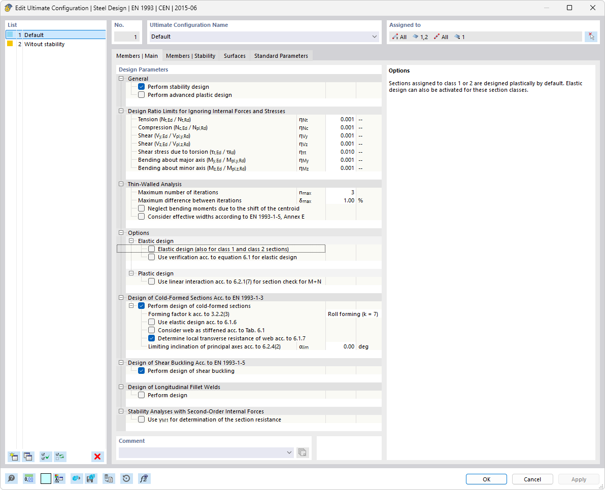 Dialog Box "Edit Ultimate Configuration" for Steel  Design According to EN 1993