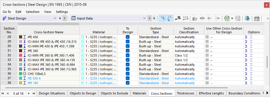 Table "Sections" for Steel Design