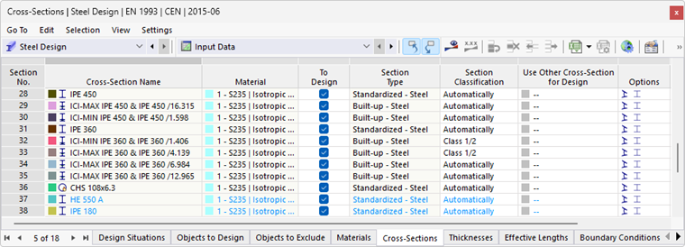 Table "Sections" for Steel Design