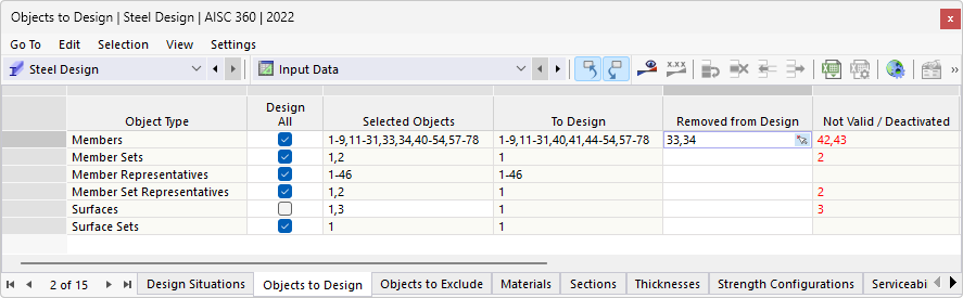 Table "Objects to Design" for Steel Design