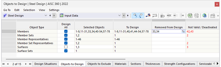 Table "Objects to Design" for Steel Design