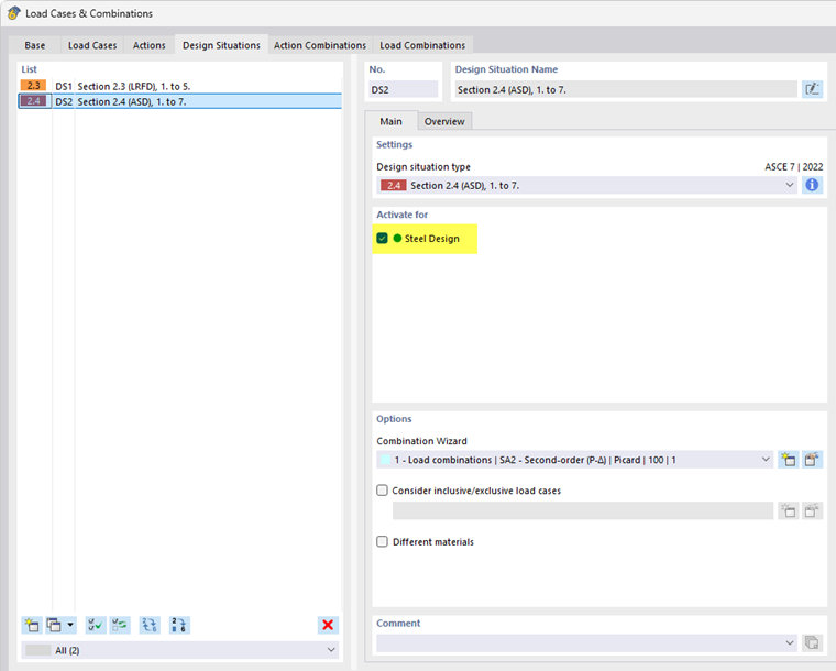 Activating a design situation for the steel design