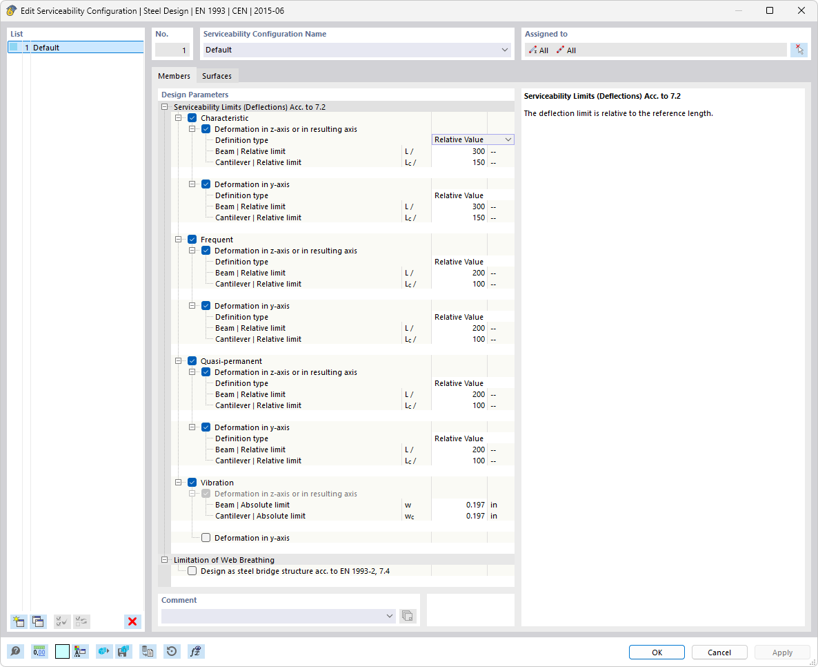 Dialog Box "Edit Serviceability Configuration" for Steel Design According to EN 1993