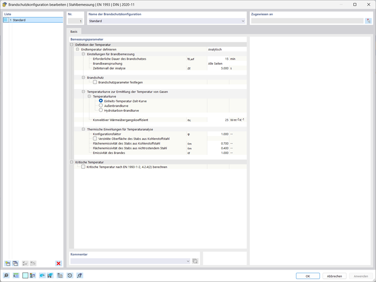 Dialog box for configuring fire resistance in Steel Design to define critical steel temperatures.