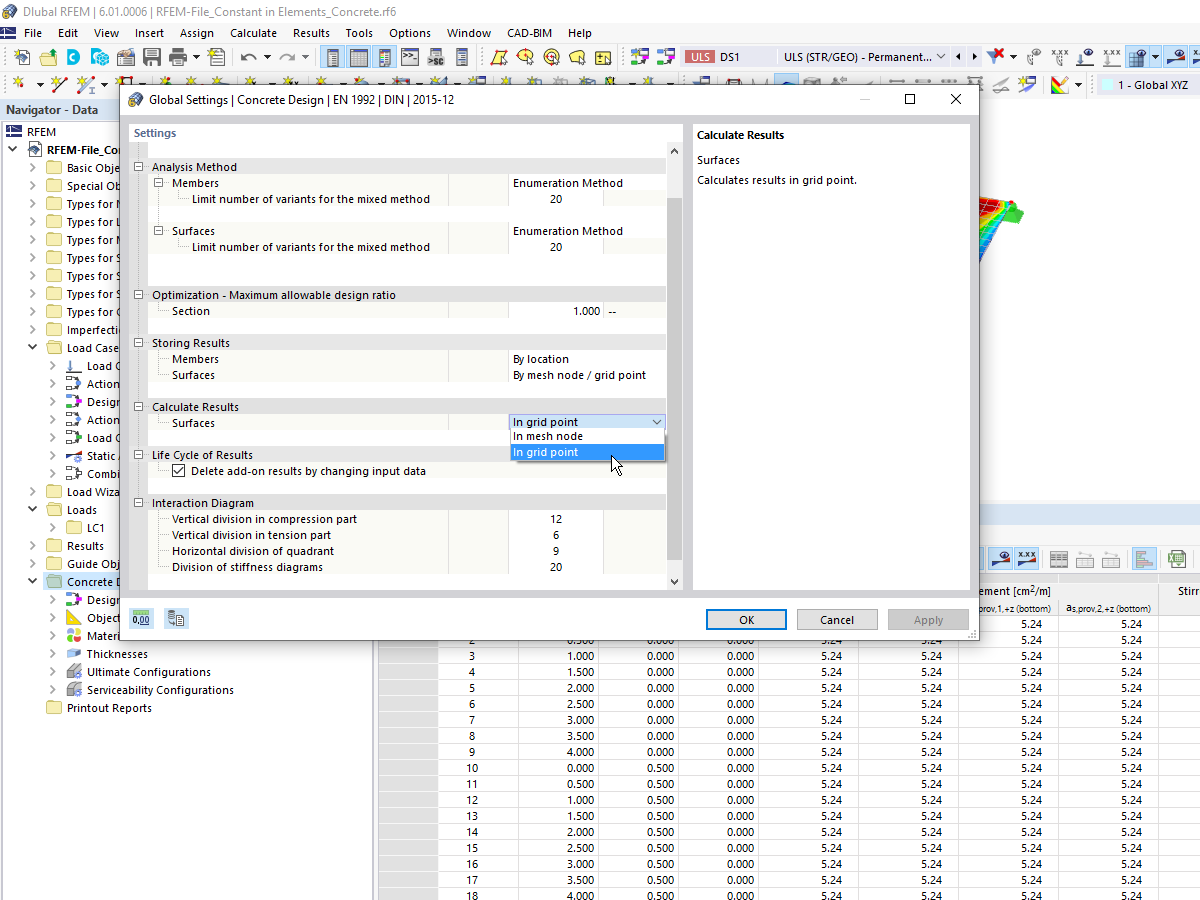 FAQ 005125 | Can I switch the required reinforcement in the result tables from ‘Mesh Nodes’ to ‘Grid Points'?