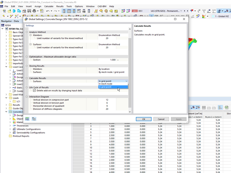 FAQ 005125 | Can I switch the required reinforcement in the result tables from ‘Mesh Nodes’ to ‘Grid Points'?