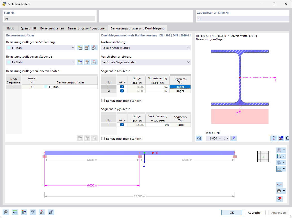 Dialog box for editing members, with a focus on deflection settings.