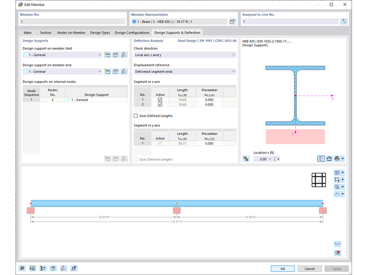 Dialog box for editing members, with a focus on deflection settings.