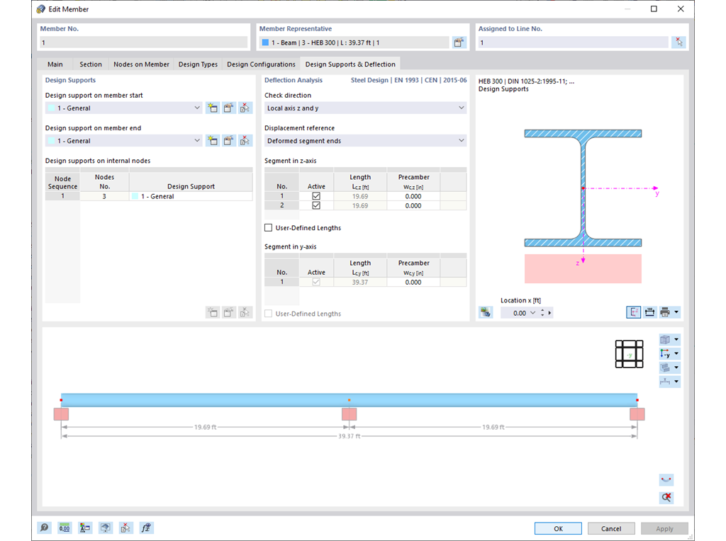 Dialog box for editing members, with a focus on deflection settings.
