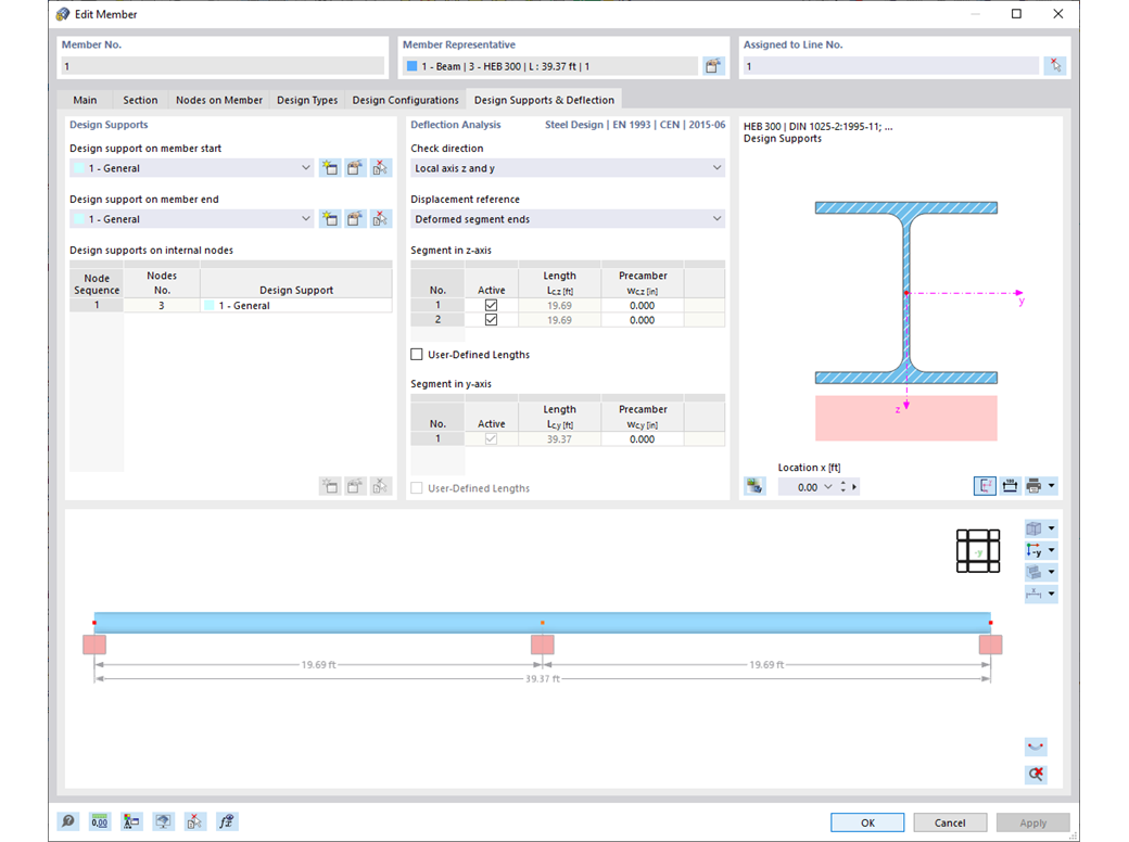 Dialog box for editing members, with a focus on deflection settings.