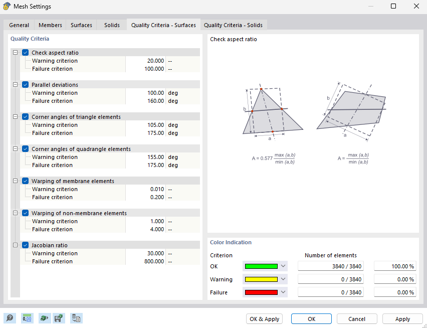 Dialog Box "Mesh Settings", Tab "Quality Criteria - Surfaces"